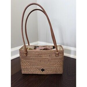 Ratan Shoulder Bag Tan With Fabric Print Drawstring Interior EUC